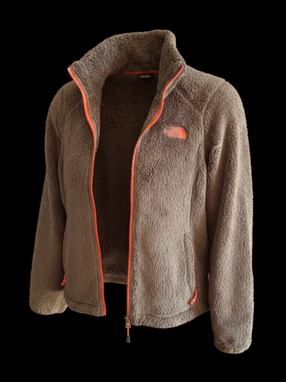 Olive colour. North Face Gray Teddy Fleece Jacket with Coral Zipper Accents.